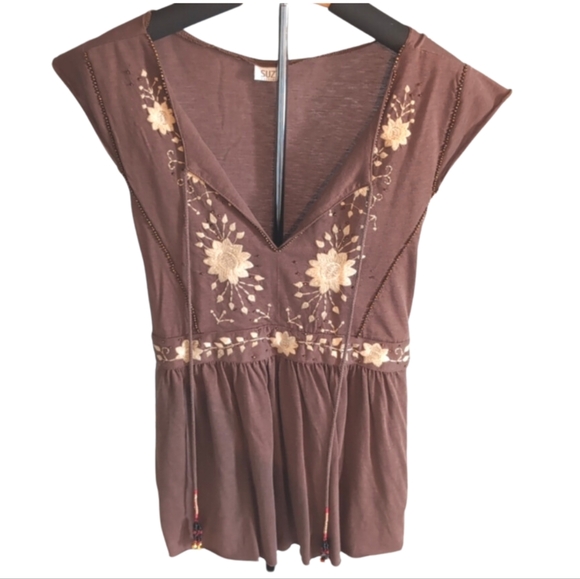 Suzy Shier Brown Embroidered Beaded Top | Size L Boho Chic Blouse with Tie Back - Picture 1 of 7